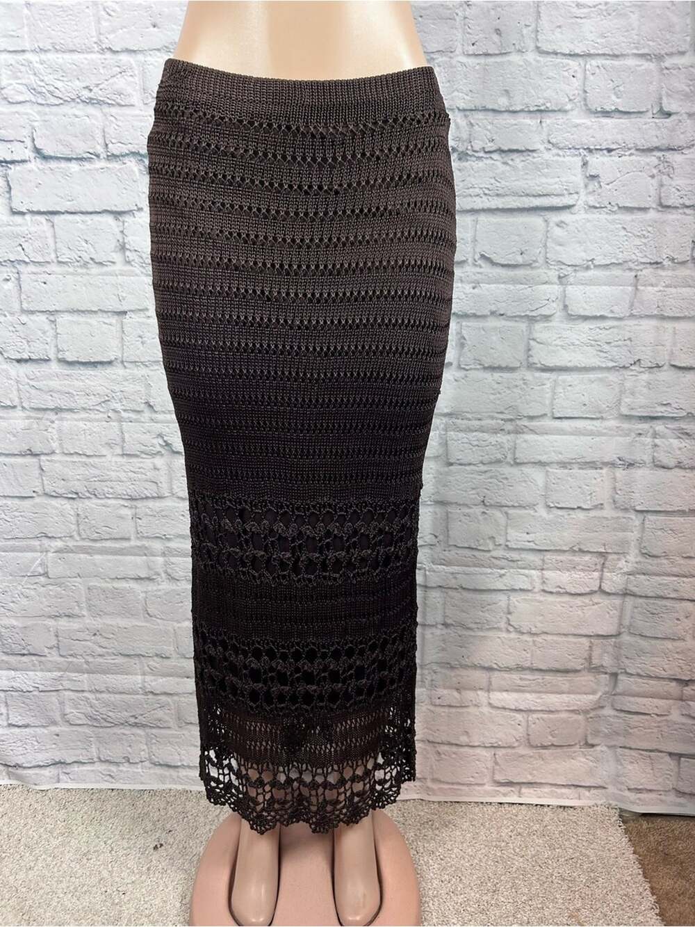 Chico’s Crochet Maxi Skirt Brown Chocolate Open Knit Lined Boho Size 1 NWT
